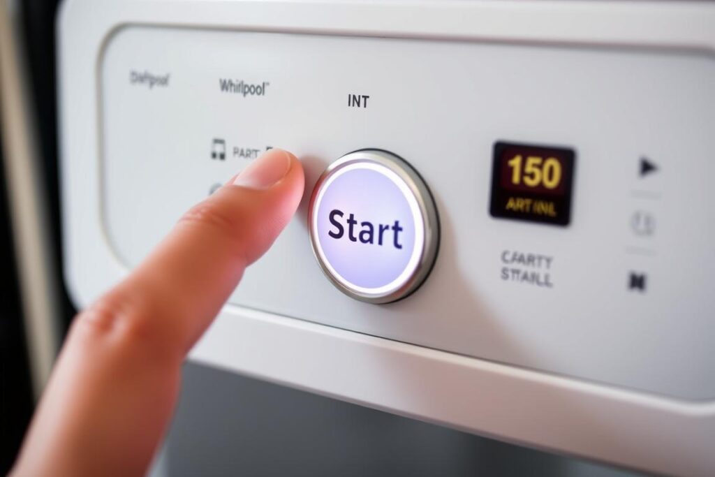 Ręka naciskająca przycisk Start na zmywarce Whirlpool Ręka naciskająca przycisk Start na zmywarce Whirlpool