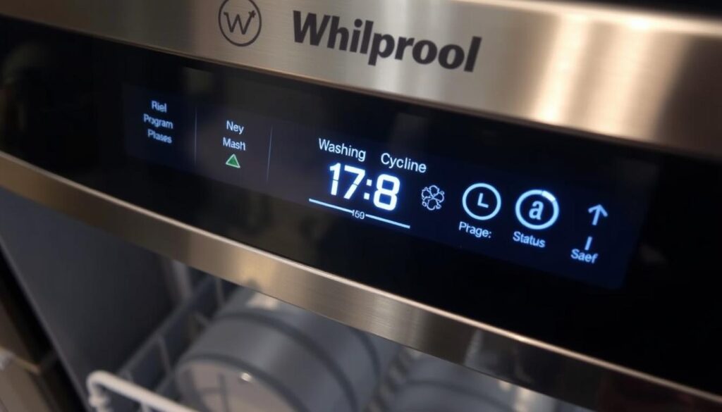 Wyświetlacz zmywarki Whirlpool pokazujący postęp cyklu mycia Wyświetlacz zmywarki Whirlpool pokazujący postęp cyklu mycia